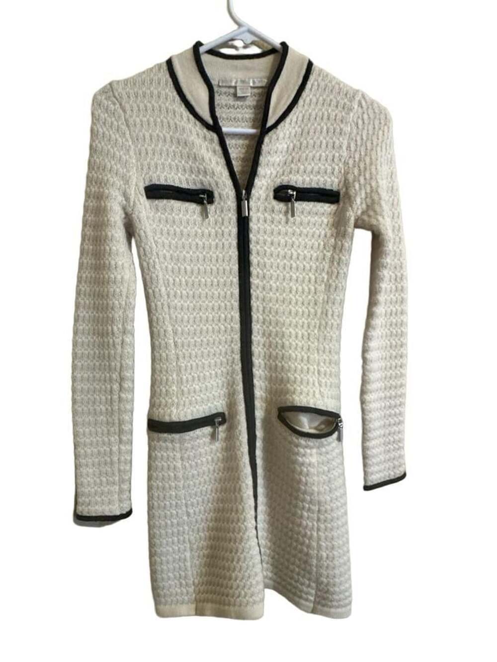 Boston Proper Zip Knit Dress Size XS Cream Black Trim Mock Neck